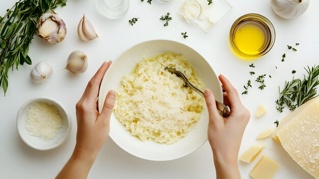 Zbliżenie na garnitur z kremowym risotto